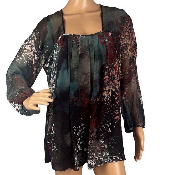 Peruvian Connection Silk Abstract Floral Tunic Blouse Size 10 Boho Artisan Chic - Picture 1 of 8